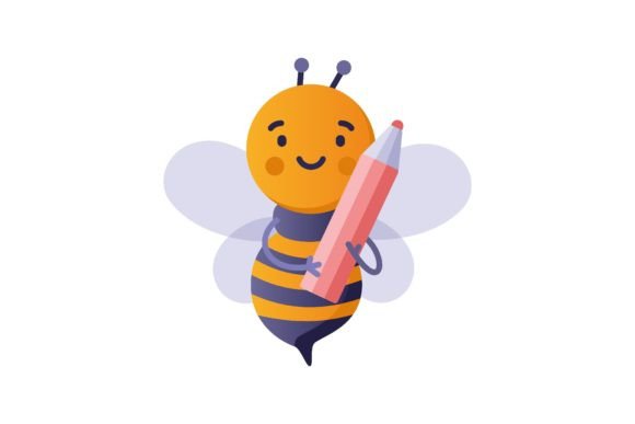 Bee with Pencil in Hand. Back to School.
