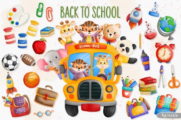 Watercolor Back to School and Animals Clipart: A Creative Resource for Educators and Designers